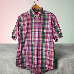 Ralph Lauren Mens Classic Fit Plaid Short Sleeve Button Down Shirt Pink Green L